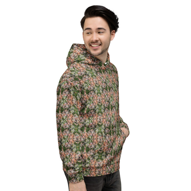White unisex hoodie by BudWear featuring all-over recycled streetwear print with Buddy Streetwear design.