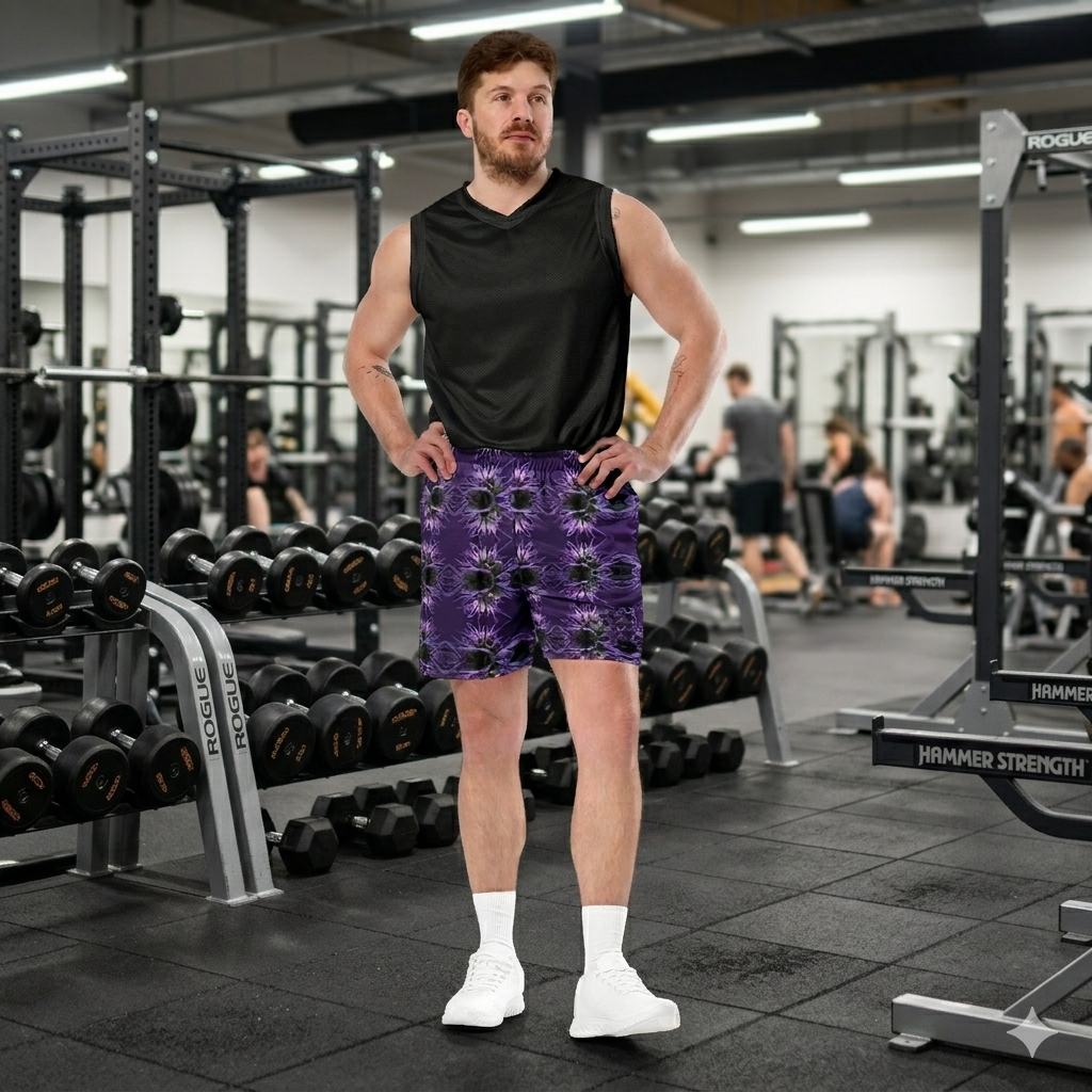 Purple BudWear unisex mesh shorts with breathable fabric and adjustable waistband, designed for comfort and style.