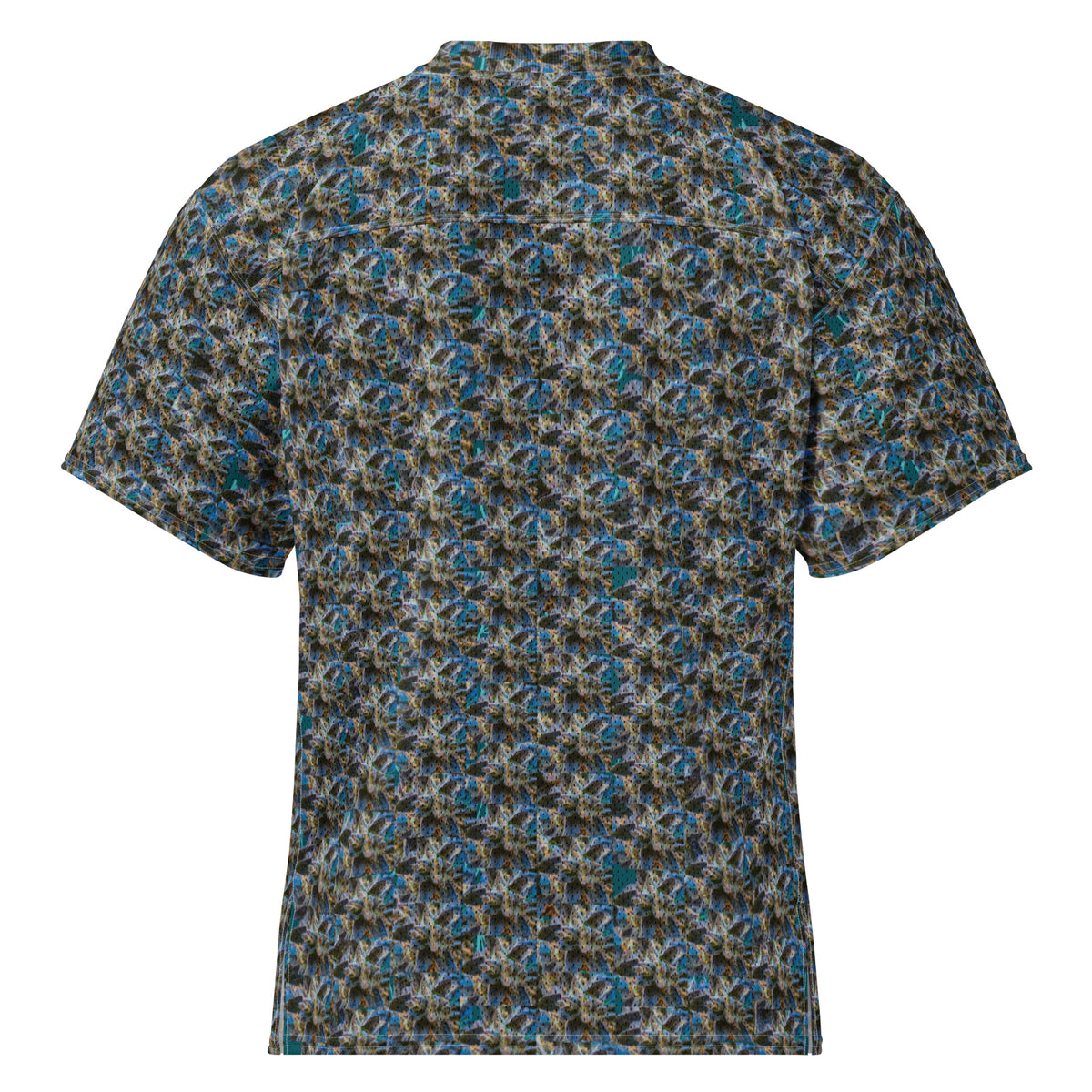 Blue BudWear American football jersey with all-over print, featuring team graphics and white back design, made of comfortable cut-sew fabric.