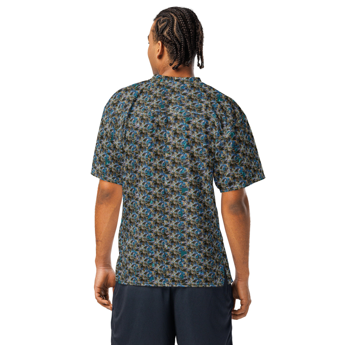 Blue BudWear American football jersey, all-over print cut-sew design with white back, featuring team graphics and vibrant colors.
