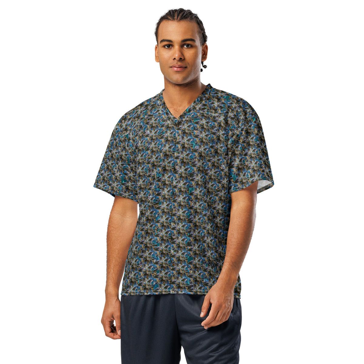Blue BudWear American football jersey with all-over print, featuring a white front and detailed design.