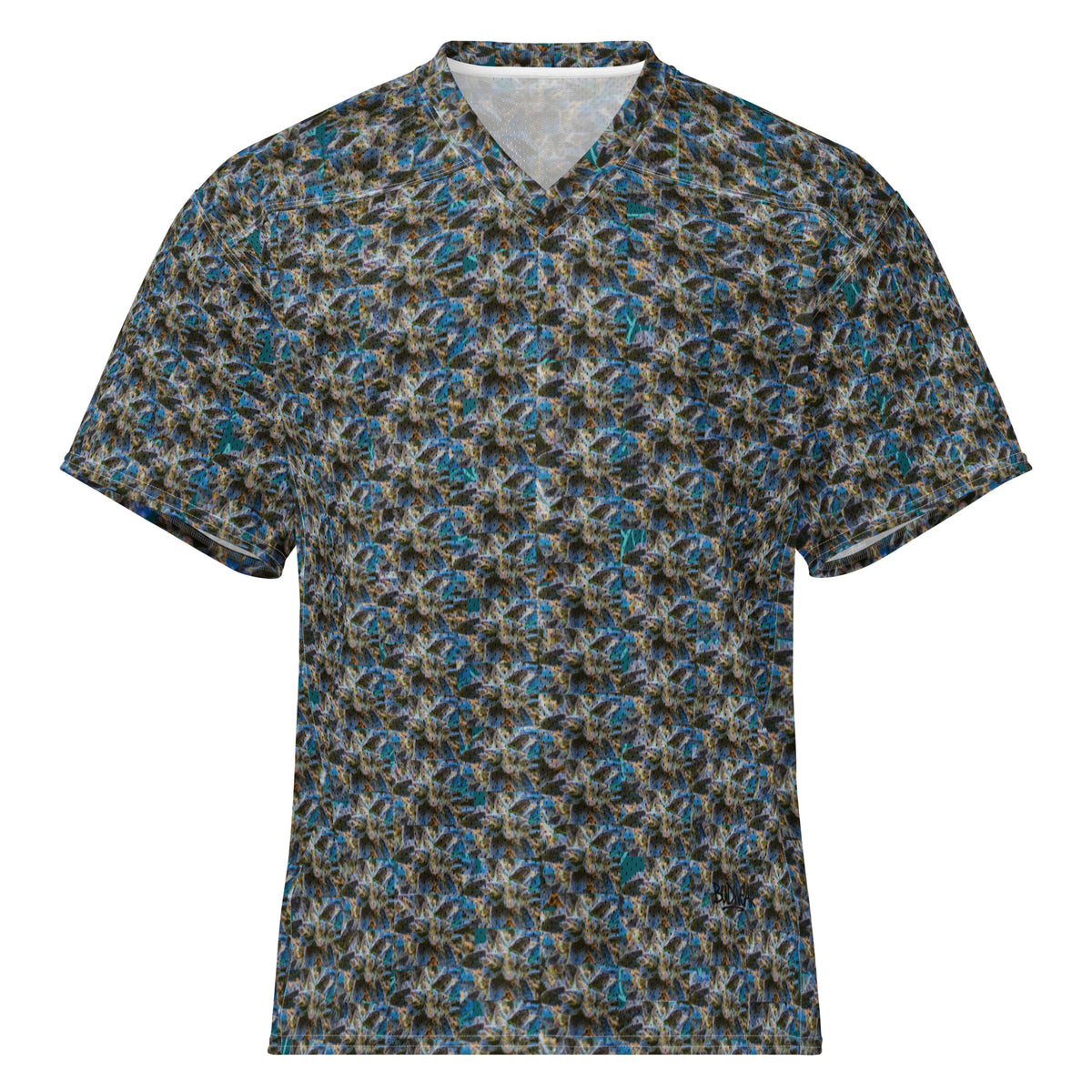 Blue BudWear American football jersey with all-over print, featuring a classic cut-sew design and white front detailing.
