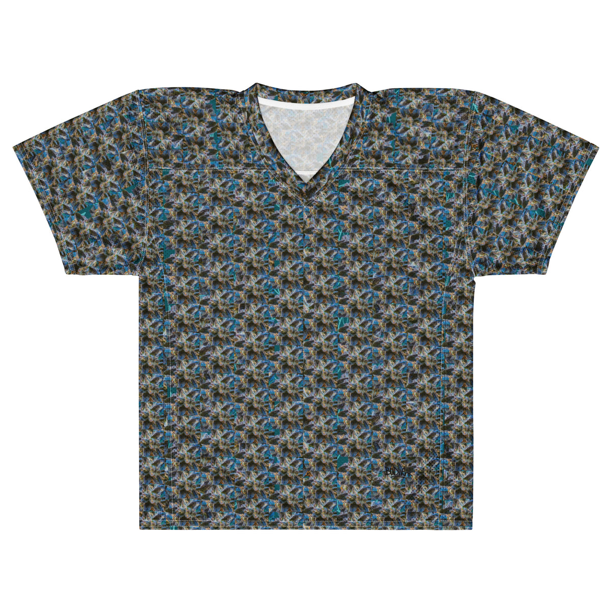 Blue BudWear American football jersey with all-over print, cut-sew style, featuring bold team graphics on the front.