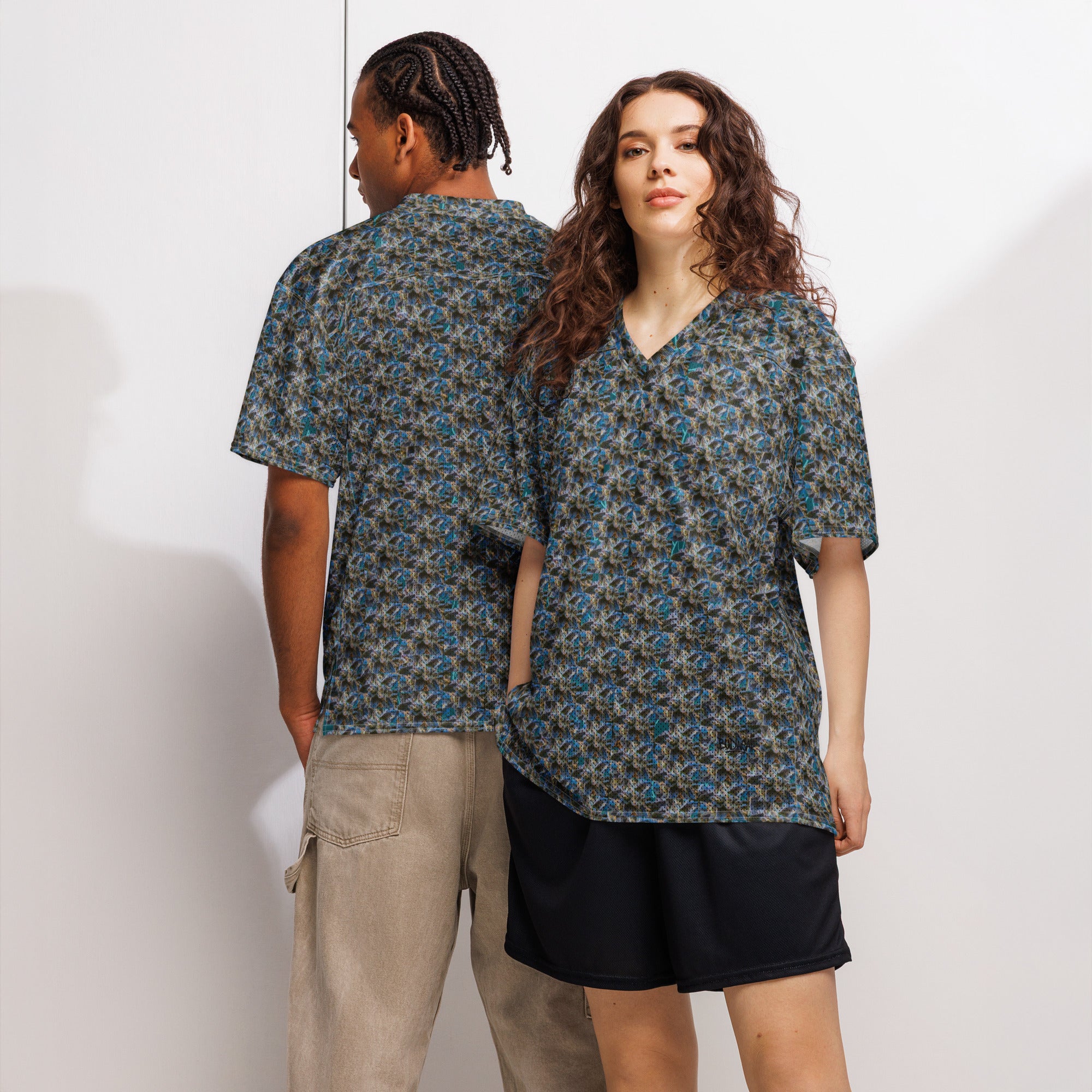 Blue BudWear American football jersey with all-over print, front and back, made from cut-sew fabric for a stylish sports look.