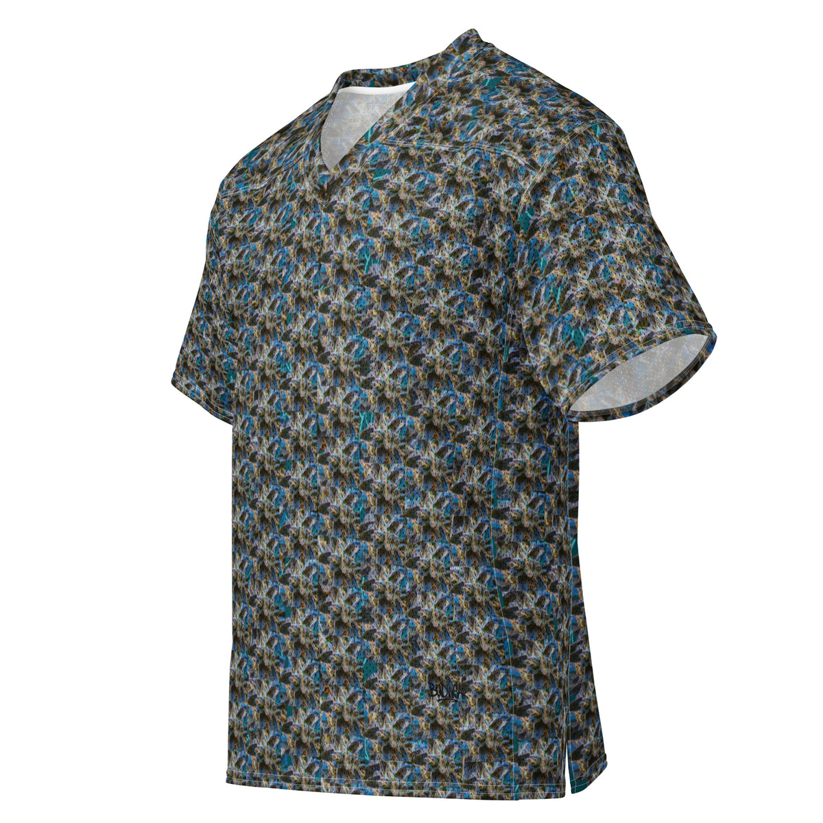Blue BudWear American football jersey, all-over print cut-sew design with team graphics, white accents, and athletic fit.