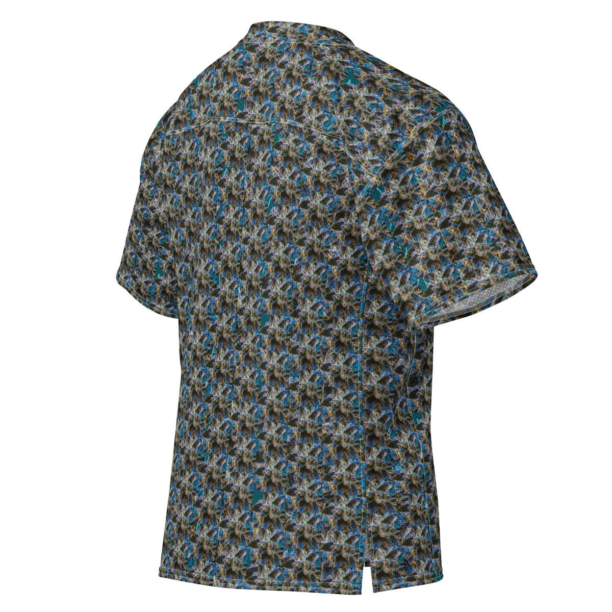 Blue BudWear American football jersey, all-over-print cut-sew design, white background, shown from right back view.