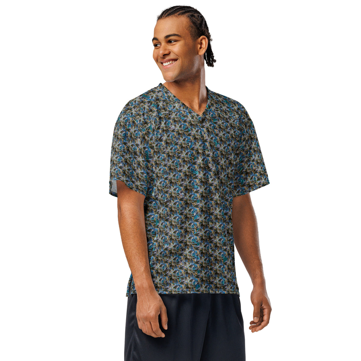 Blue BudWear American football jersey with all-over print, featuring a white background and detailed team graphics on the front.