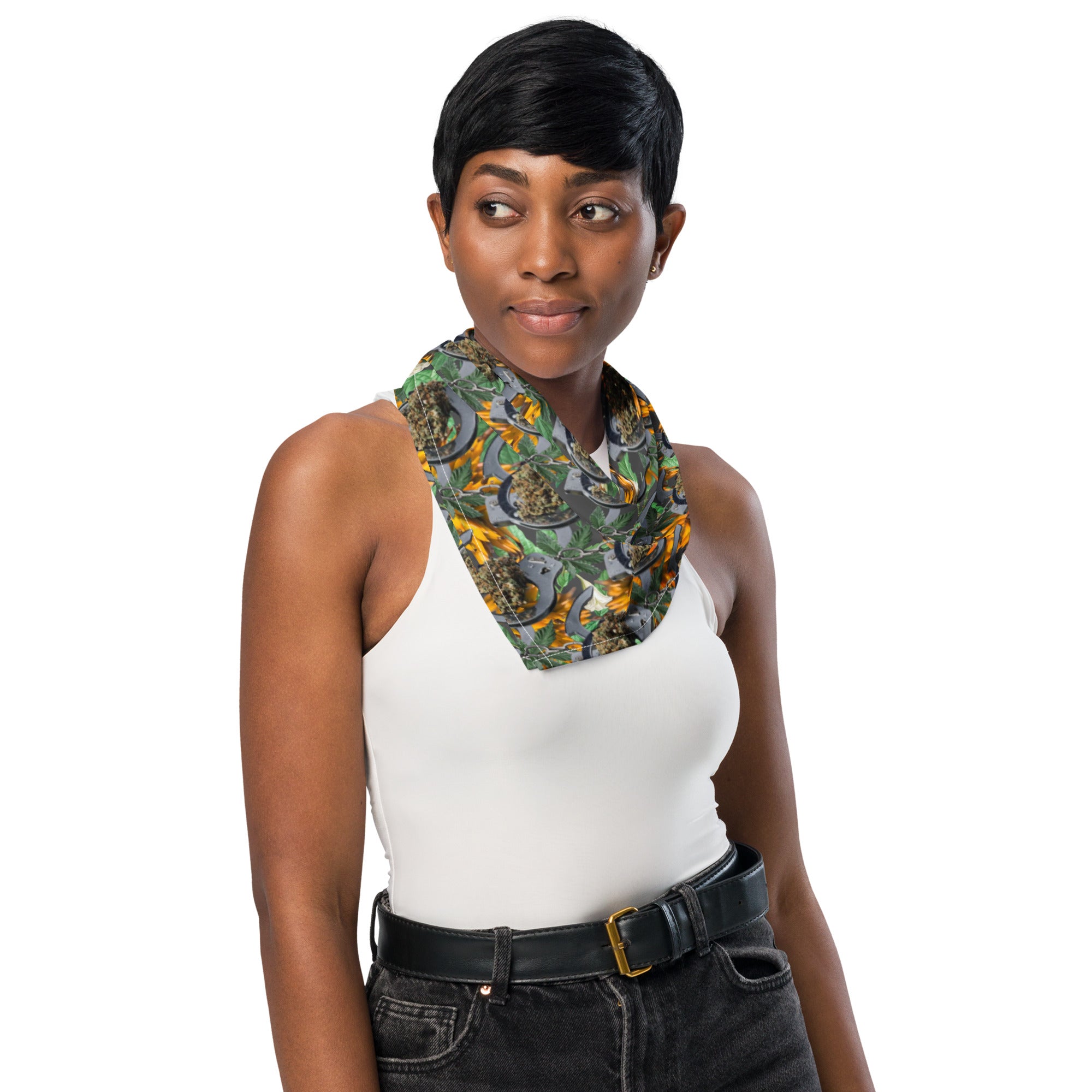 White BudWear all-over print bandana with colorful budswear and cuffs design, featuring detailed floral and abstract patterns.
