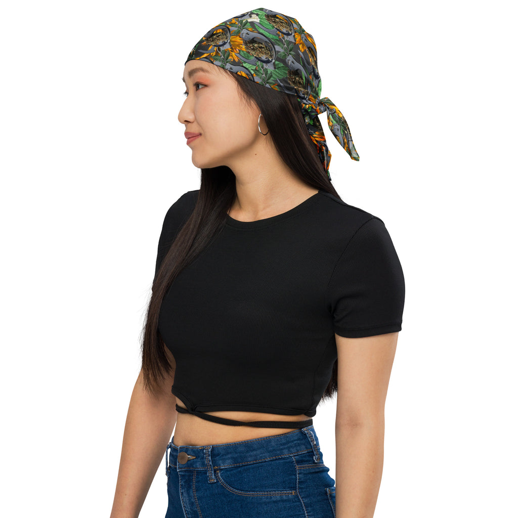 BudWear all-over print bandana featuring a white fabric design, styled as a versatile accessory or headwear.