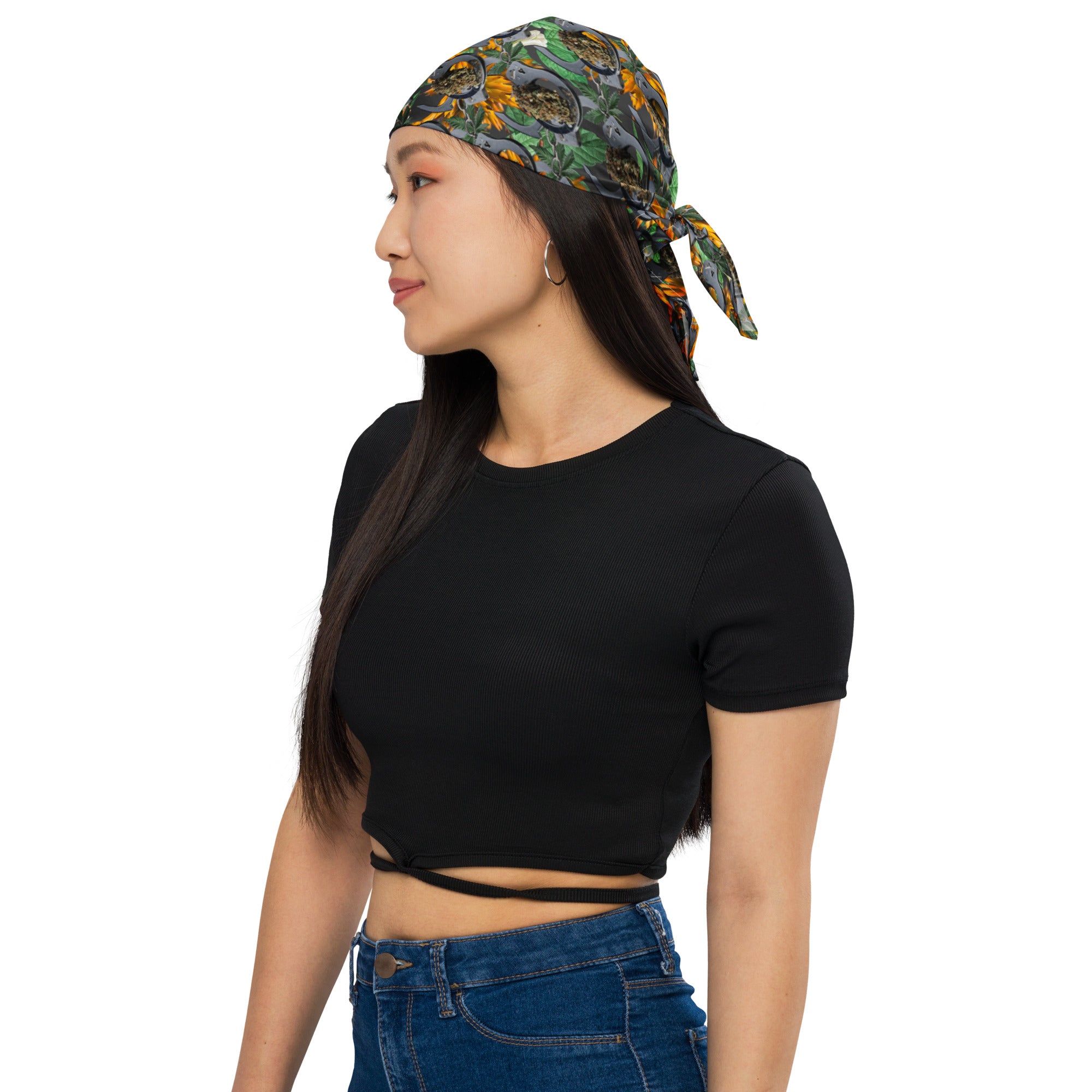 BudWear all-over print bandana featuring a white fabric design, styled as a versatile accessory or headwear.