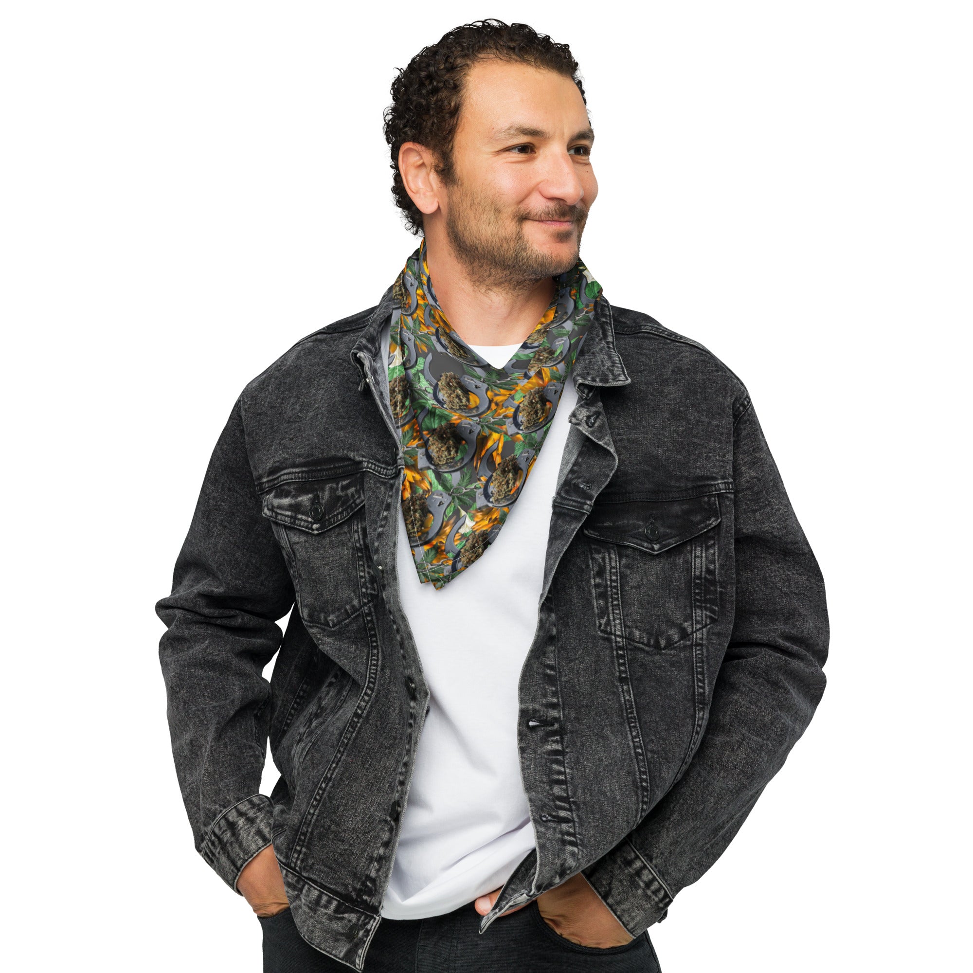 White all-over print bandana by BudWear featuring a stylish cut-sew design with intricate patterns and versatile wear options.