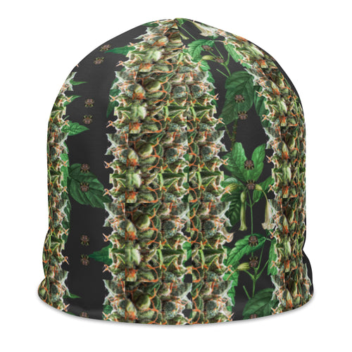 White Budhah Beanie by BudWear, all-over-print cut-sew knit hat shown from the back with detailed design.