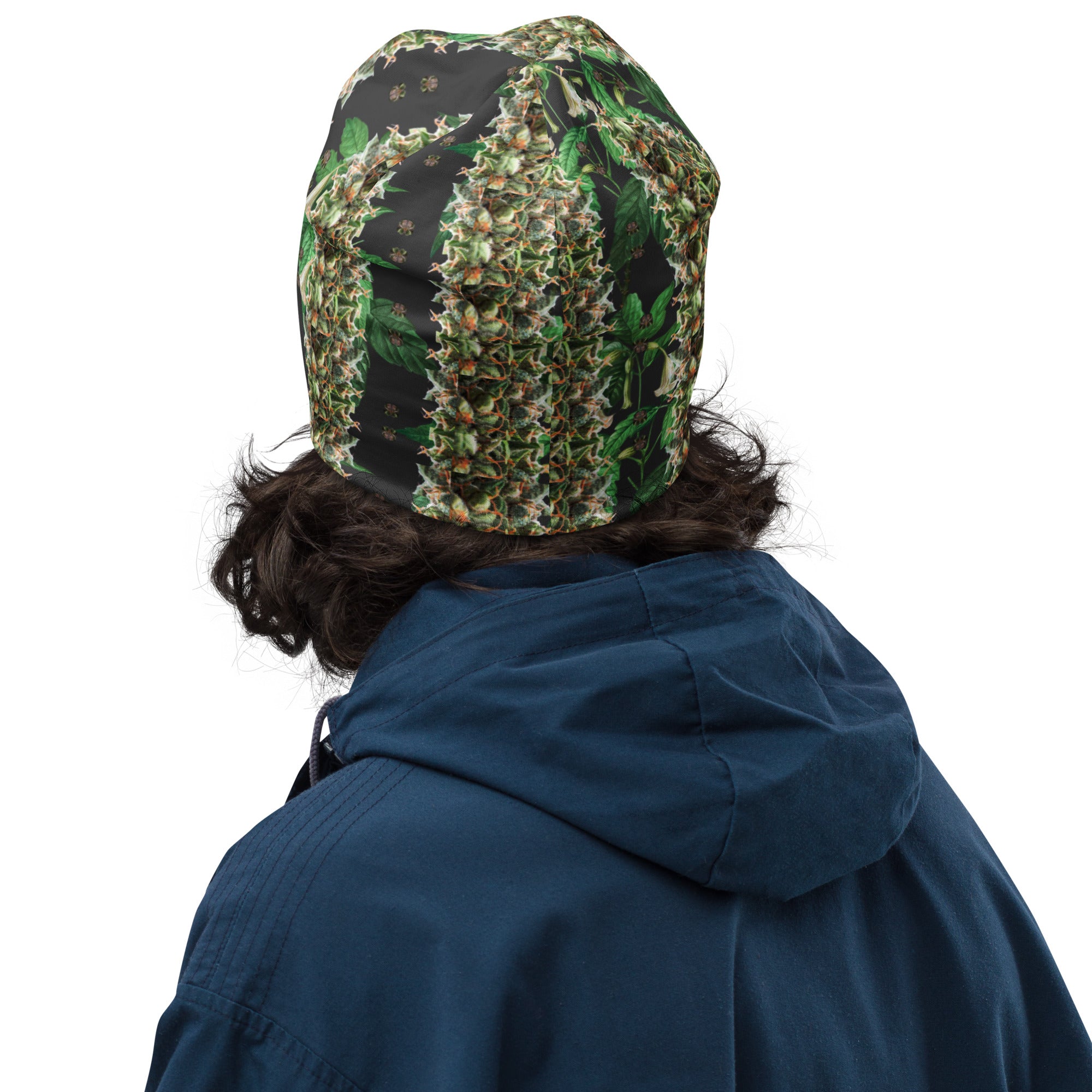 BudWear Budhah Beanie with all-over white print, showcasing a stylish cut-sew design on a soft, cozy knit fabric.