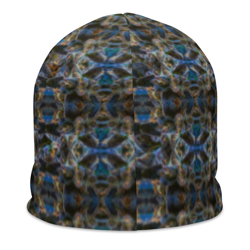 White BudWear 4/20 Beanie with all-over green botanical print, stylish warm knit headwear for casual wear.