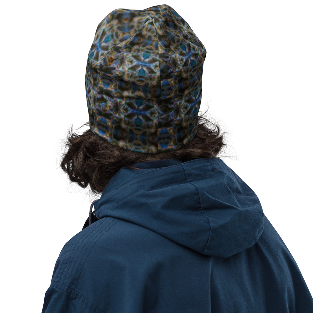 White 4/20 Beanie by BudWear featuring colorful botanical all-over print, stylish warm knit headwear for casual wear.