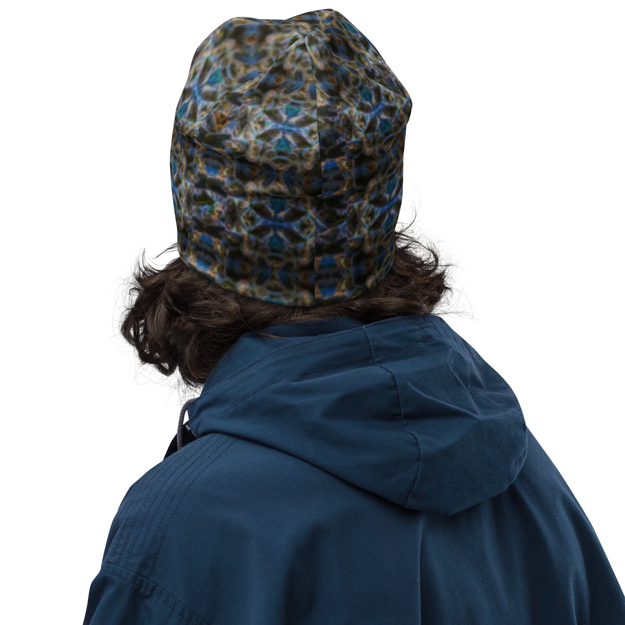 White 4/20 Beanie by BudWear featuring colorful botanical all-over print, stylish warm knit headwear for casual wear.