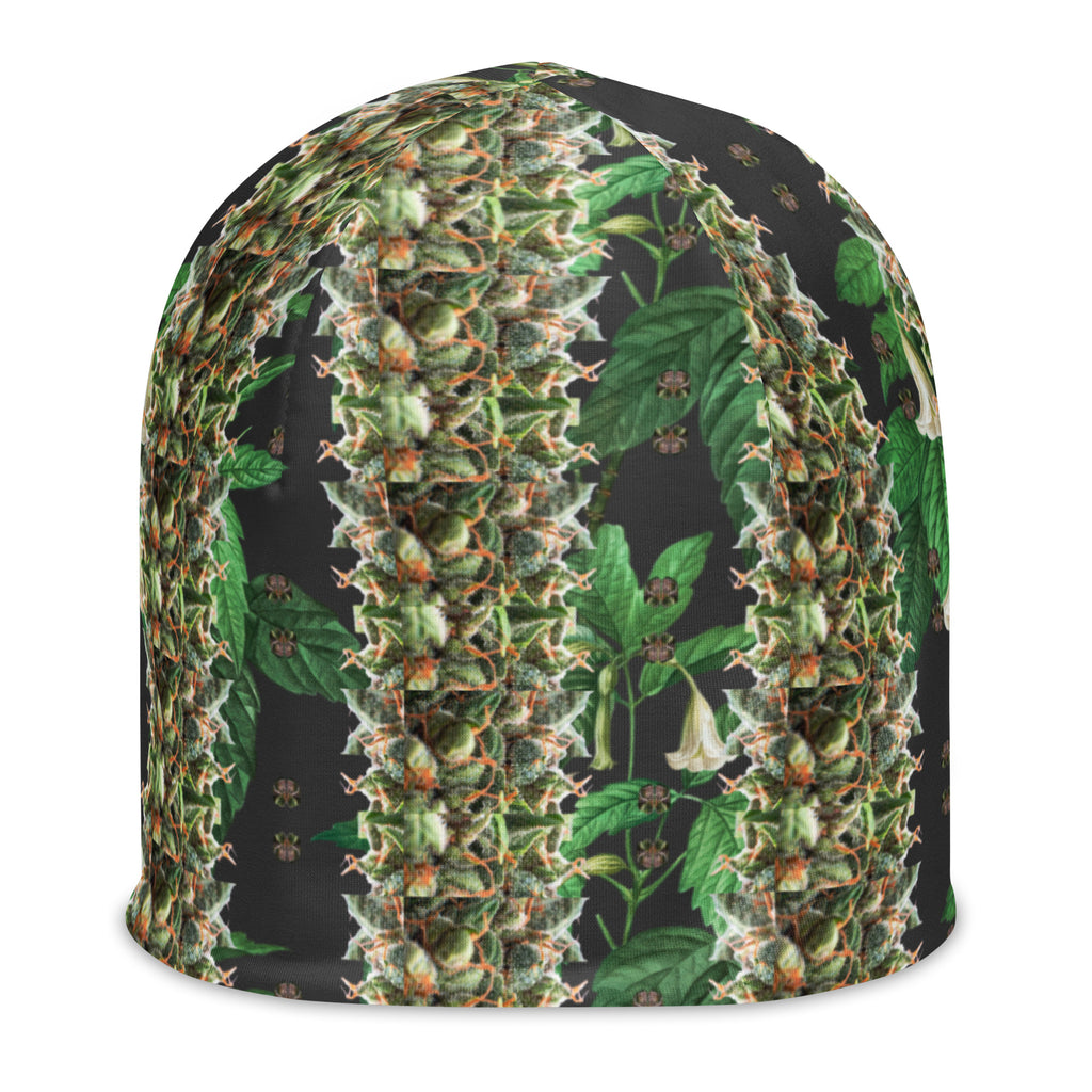 White Budhah Beanie from BudWear with all-over print, showcasing a stylish knit design and snug fit.
