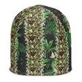 White Budhah Beanie from BudWear with all-over print, showcasing a stylish knit design and snug fit.