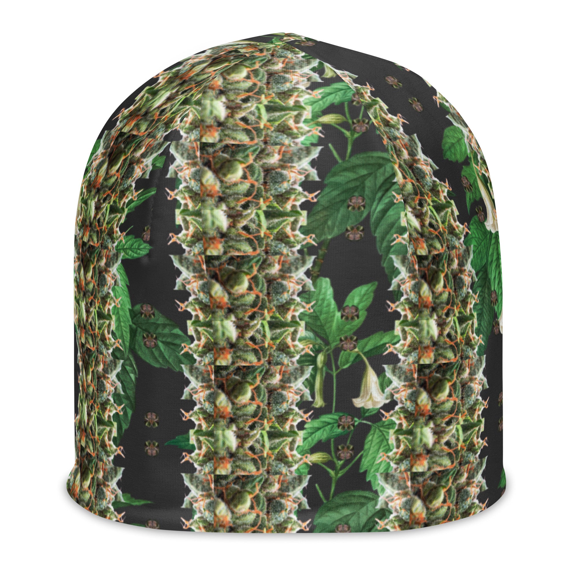 White Budhah Beanie from BudWear with all-over print, showcasing a stylish knit design and snug fit.