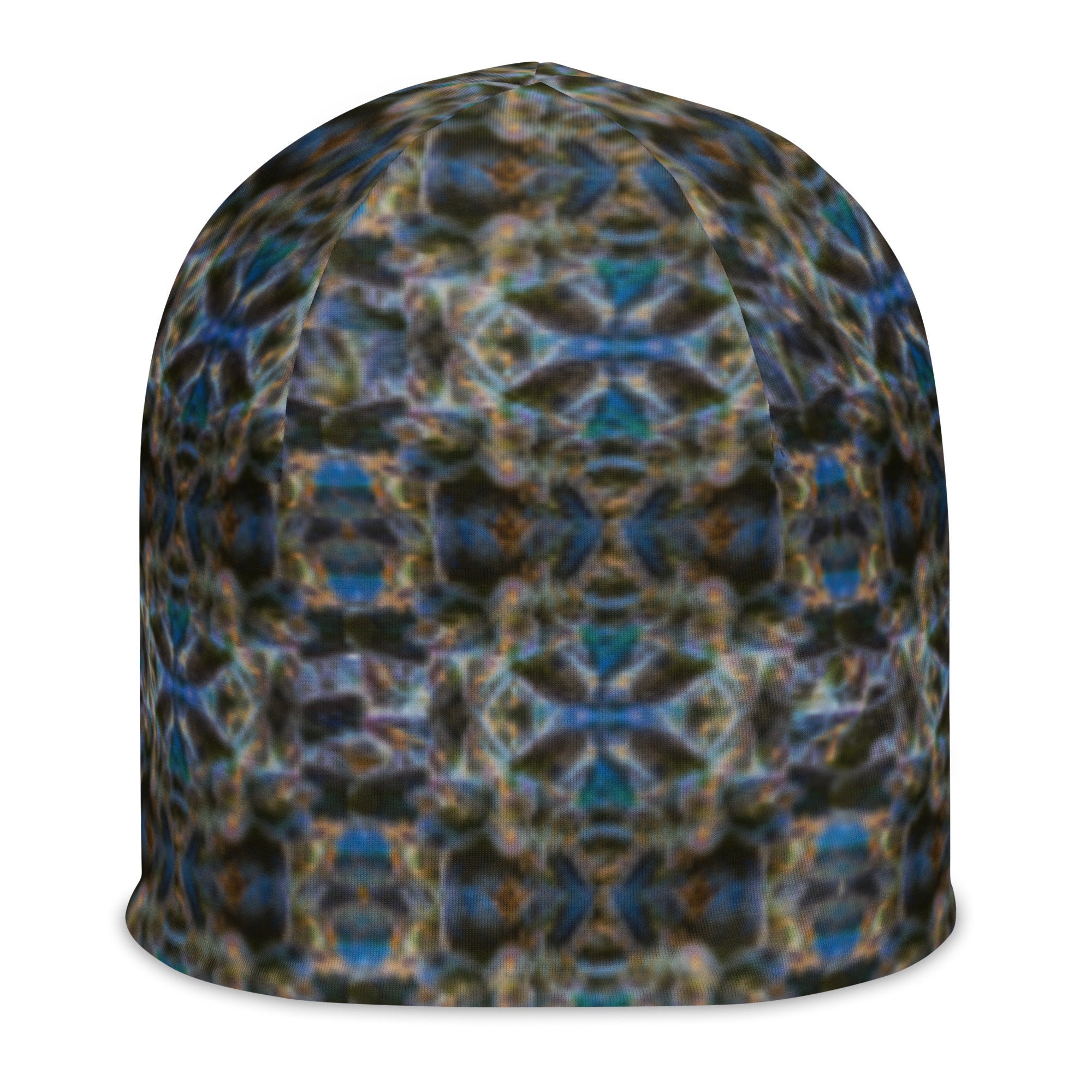 White 4/20 Beanie by BudWear featuring a stylish all-over botanical print, warm and cozy headwear for casual wear.
