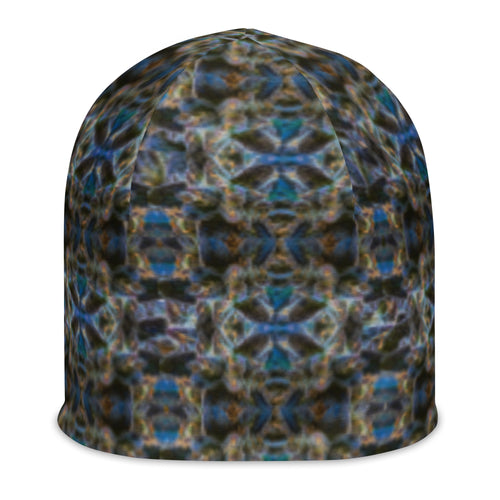 White 4/20 Beanie by BudWear featuring a stylish all-over botanical print, warm and cozy headwear for casual wear.