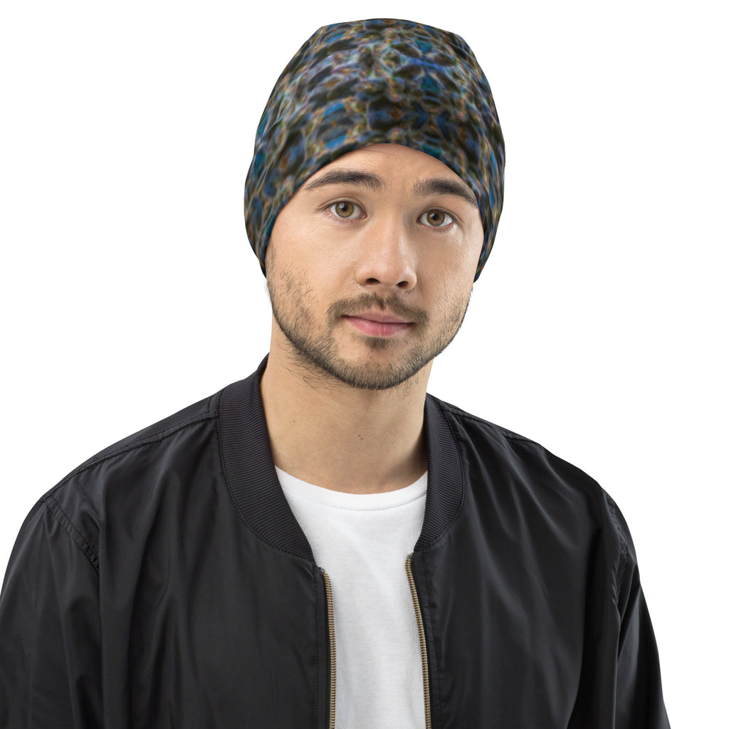 White 4/20 Beanie by BudWear featuring all-over botanical print, stylish warm knit headwear for casual wear.