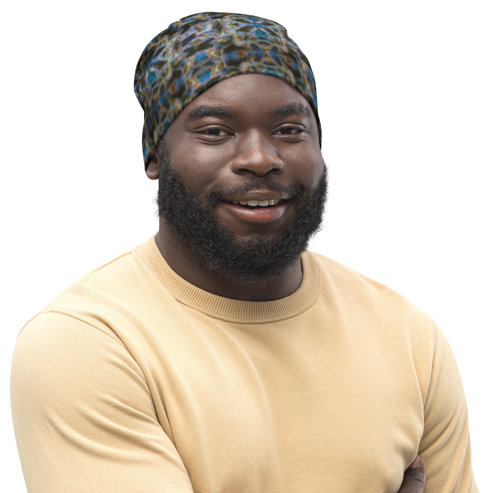 White 4/20 Beanie by BudWear featuring all-over botanical print, stylish warm knit headwear for casual wear.
