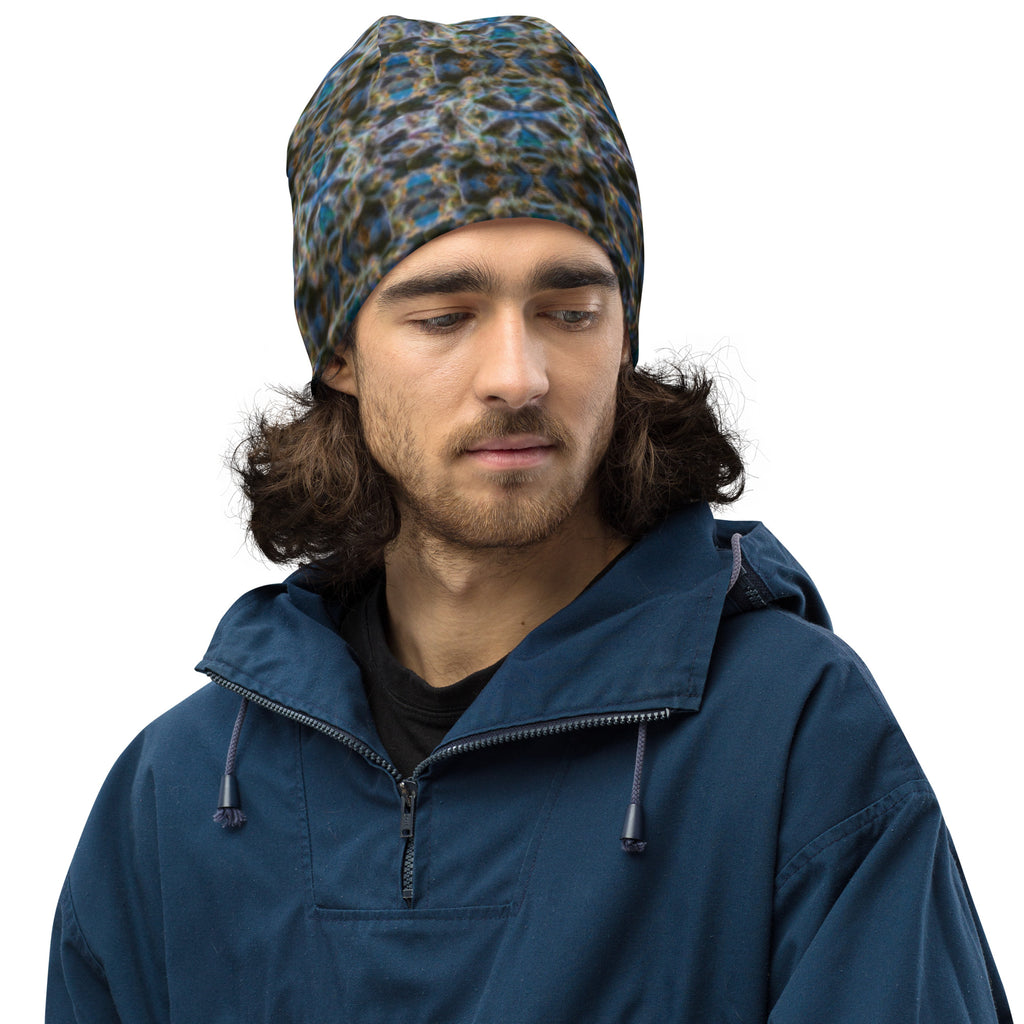White BudWear 4/20 Beanie with all-over botanical print, stylish warm knit headwear for comfort and fashion.
