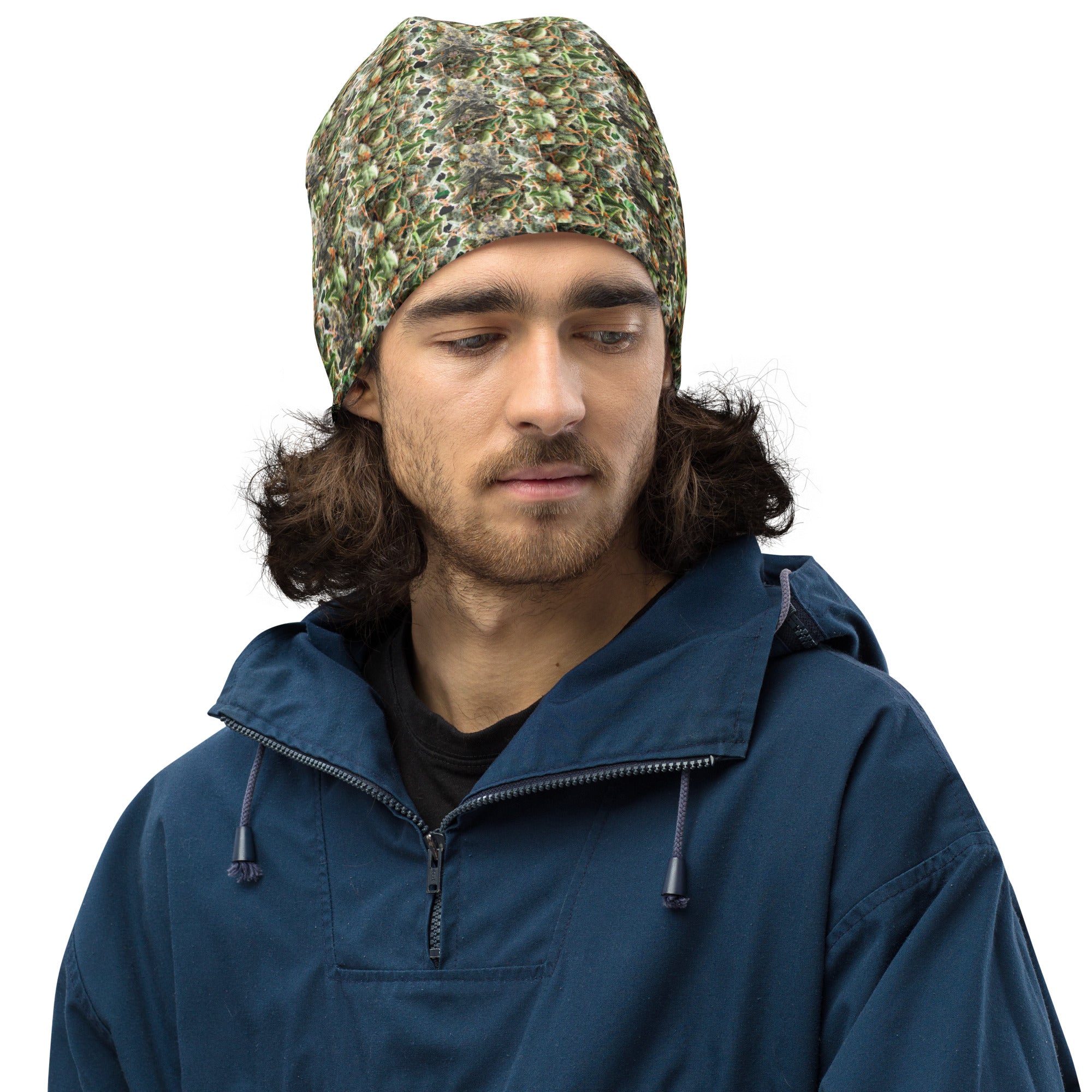 White BudWear 4/20 bud crown all-over-print beanie featuring colorful cannabis leaf and bud designs, casual and stylish accessory.