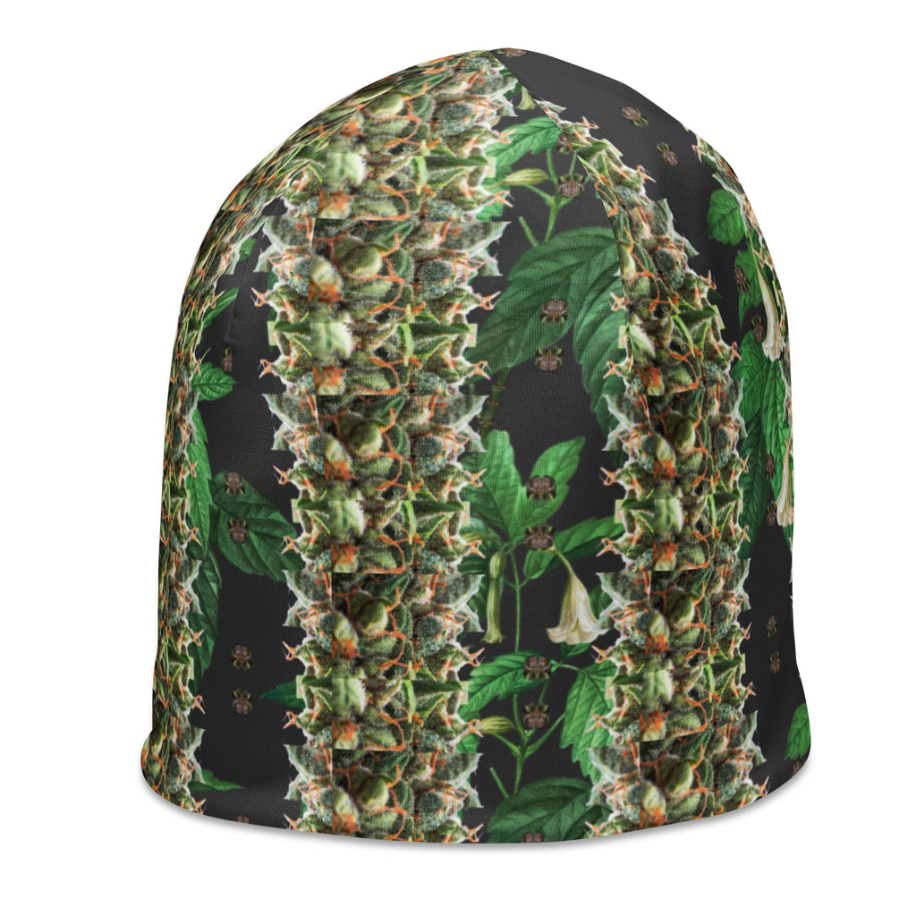 White Budhah Beanie by BudWear featuring an all-over print, shown from the front-left angle.