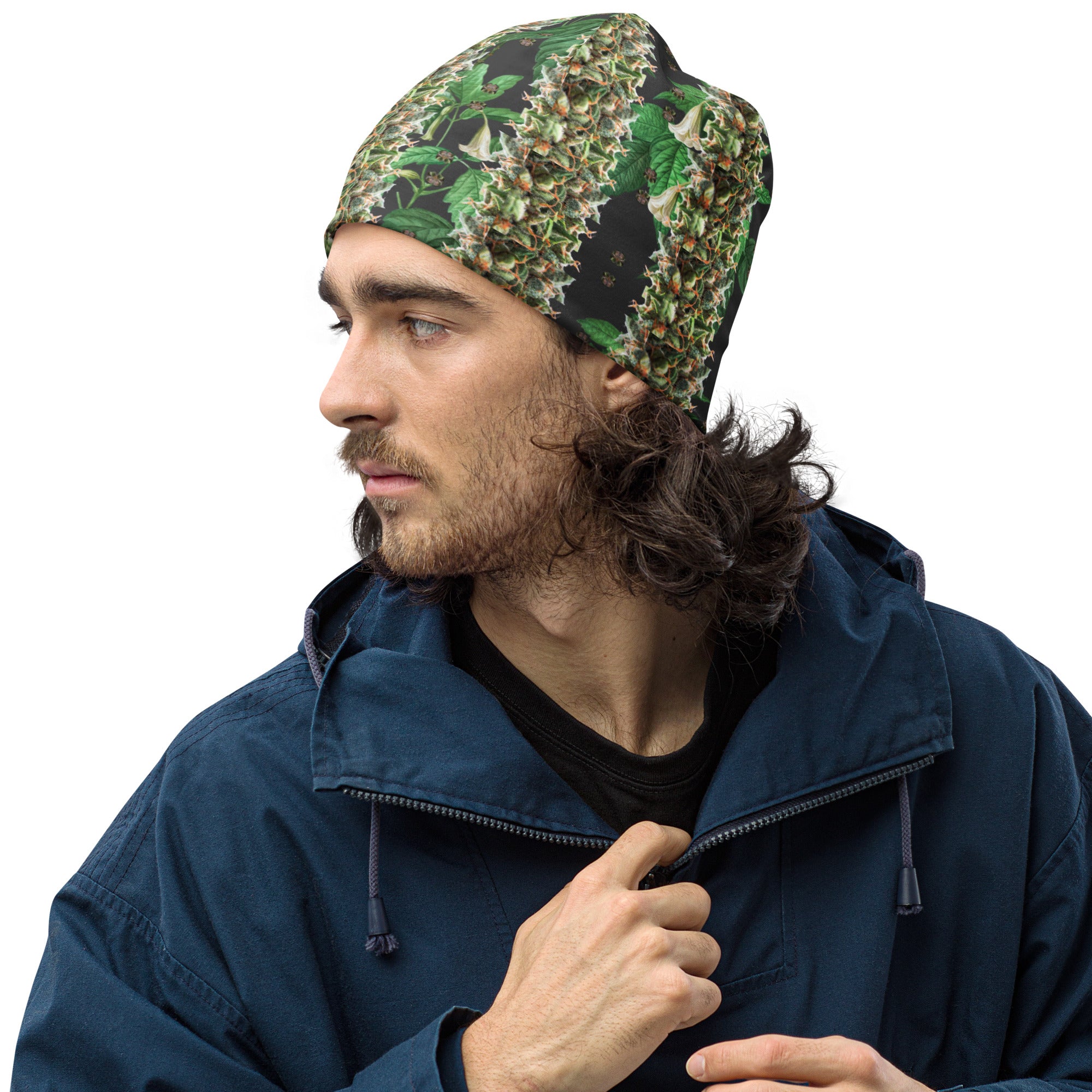 White Budhah Beanie from BudWear featuring a stylish all-over print, worn on the left front side.