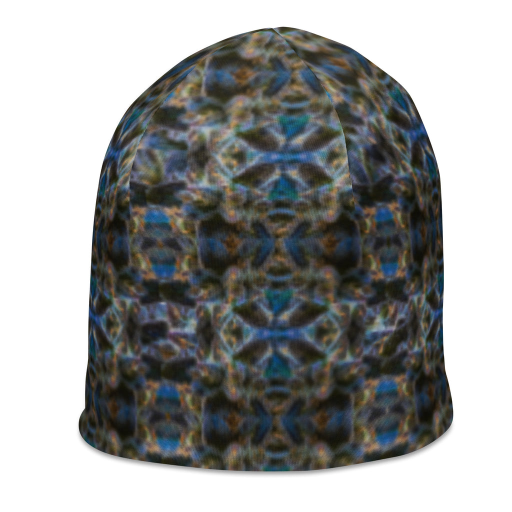 White BudWear 4/20 Beanie with all-over botanical print, stylish warm knit headwear for casual wear and outdoor warmth.