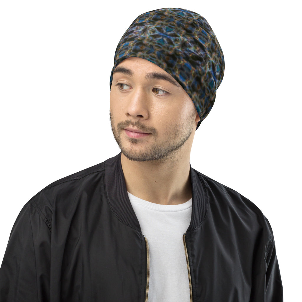 BudWear 4/20 Beanie, stylish white botanical knit headwear with all-over print, perfect for warmth and casual fashion.