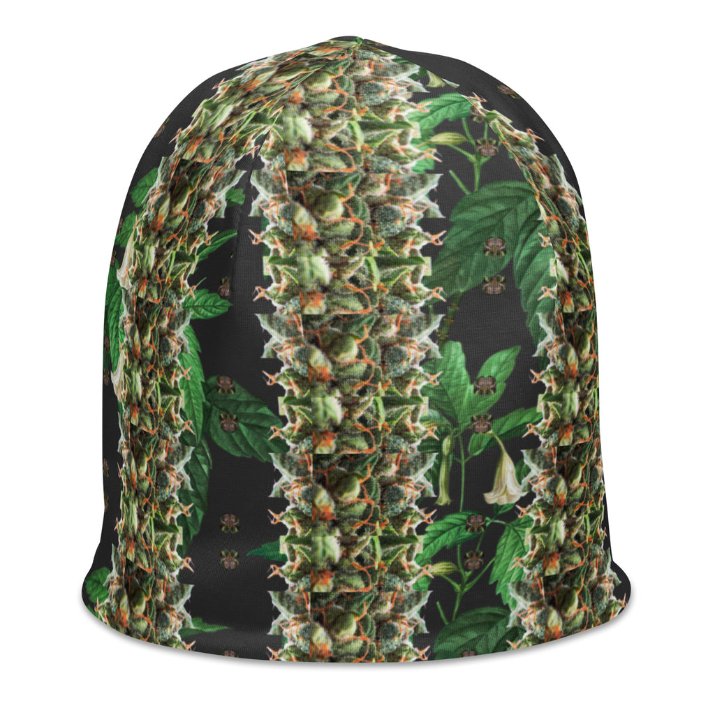 BudWear Budhah Beanie with all-over white print, stylish cut-sew design, shown from right front angle.