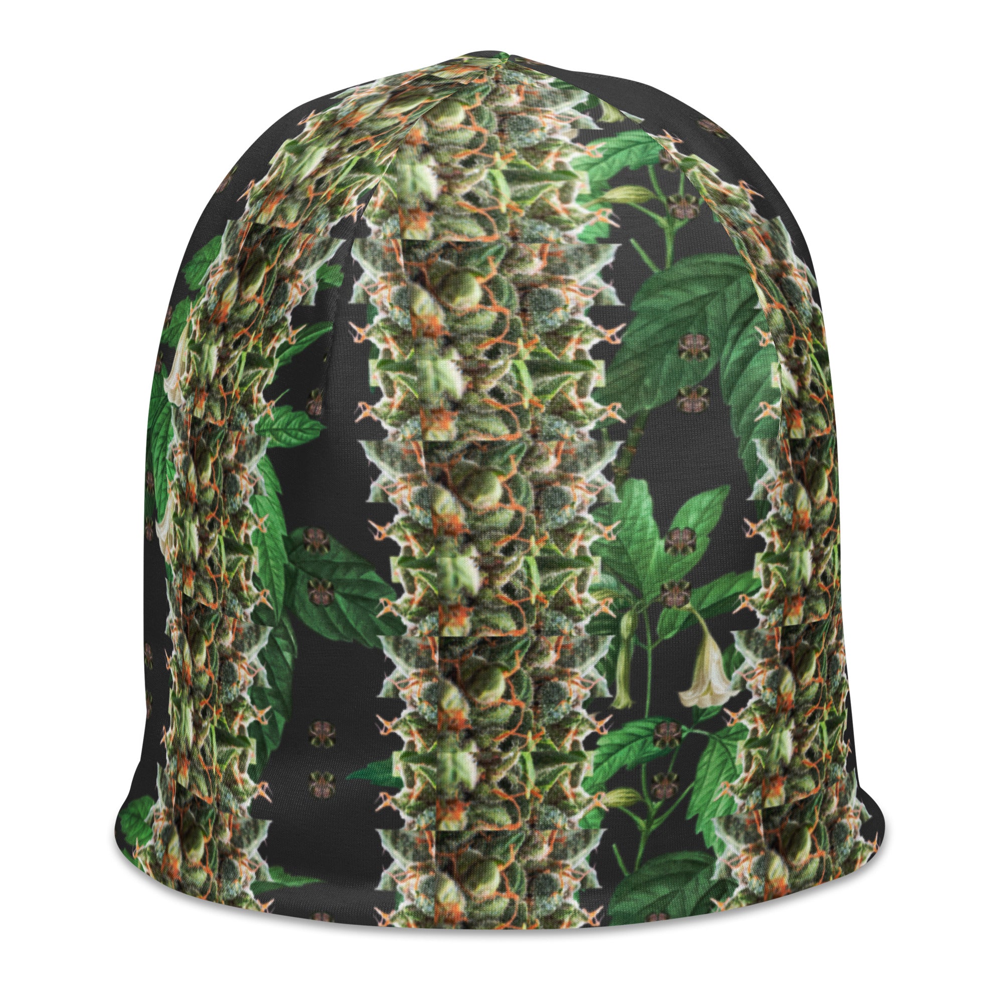 BudWear Budhah Beanie with all-over white print, stylish cut-sew design, shown from right front angle.