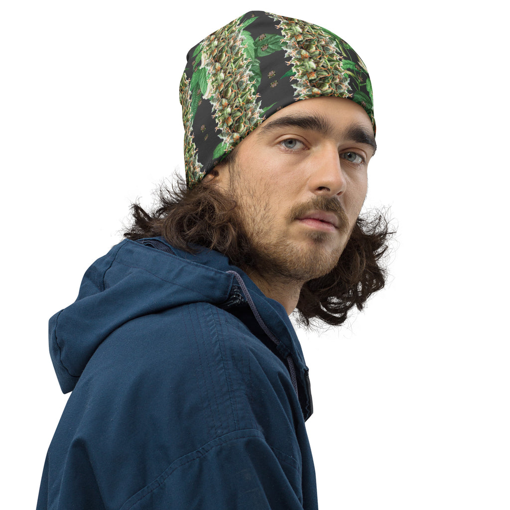 BudWear Budhah Beanie with all-over white print, featuring a stylish cut-sew design, shown from the right front angle.