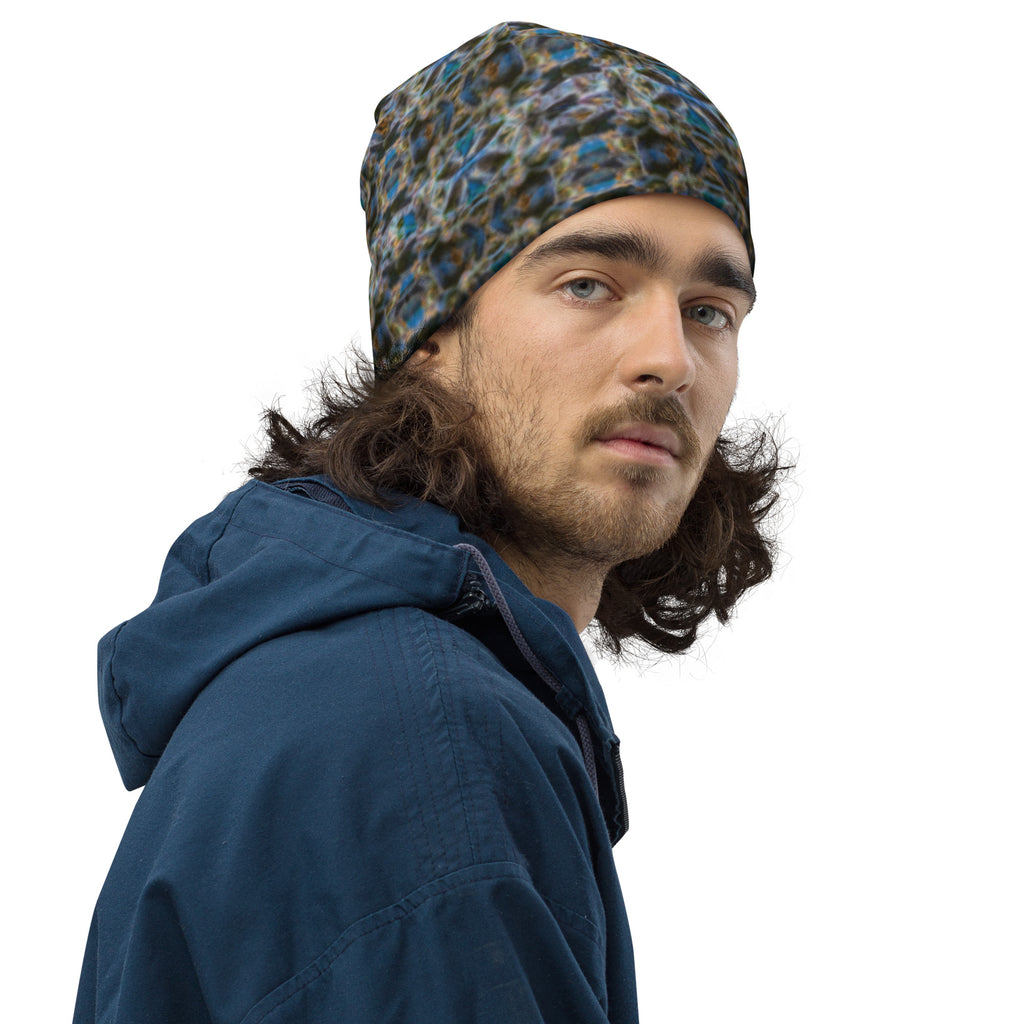 White BudWear 4/20 Beanie featuring a stylish all-over botanical print, cozy knit headwear for warmth and fashion.