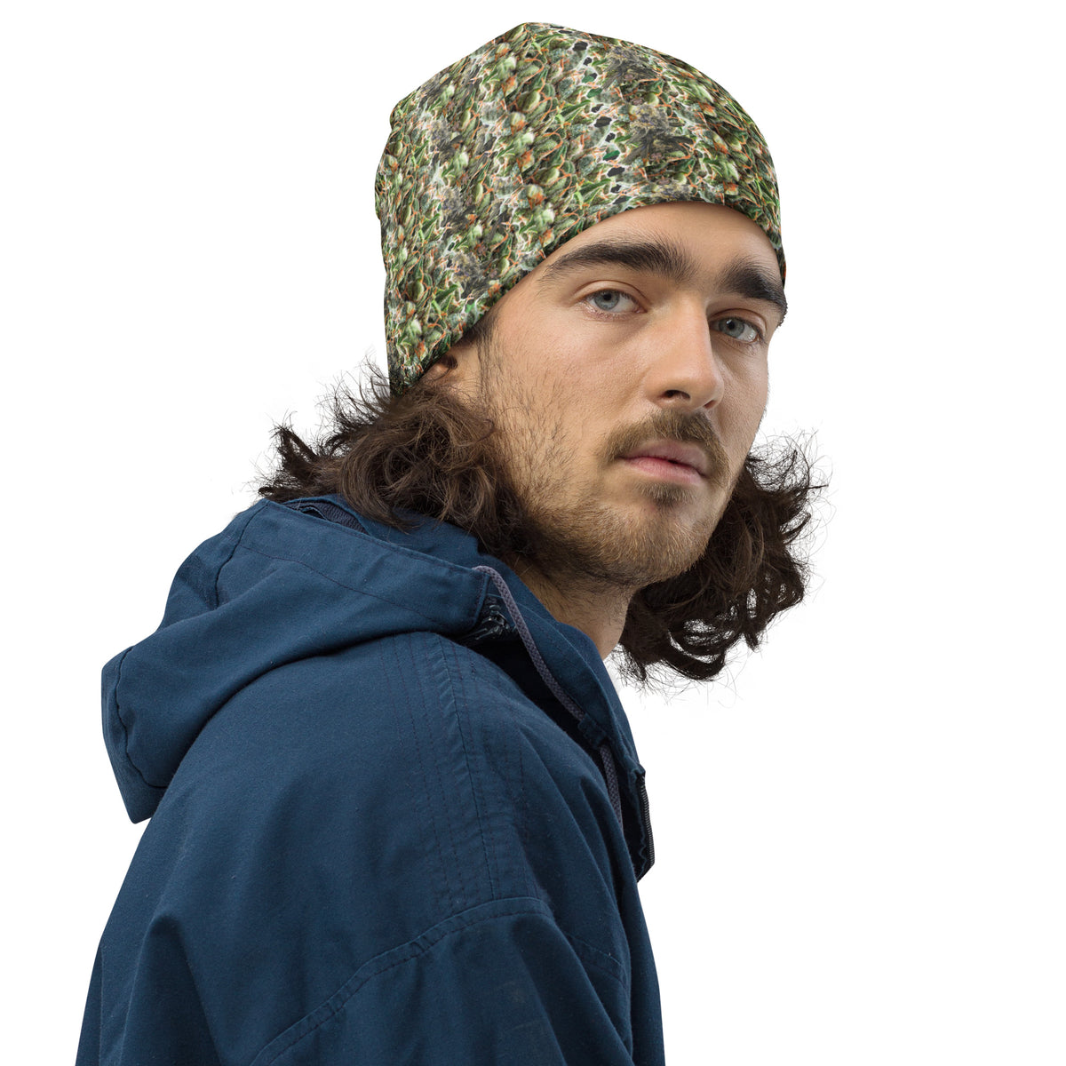 BudWear 4/20 bud crown all-over-print white beanie, casual knit cap with colorful cannabis-themed design, front view.