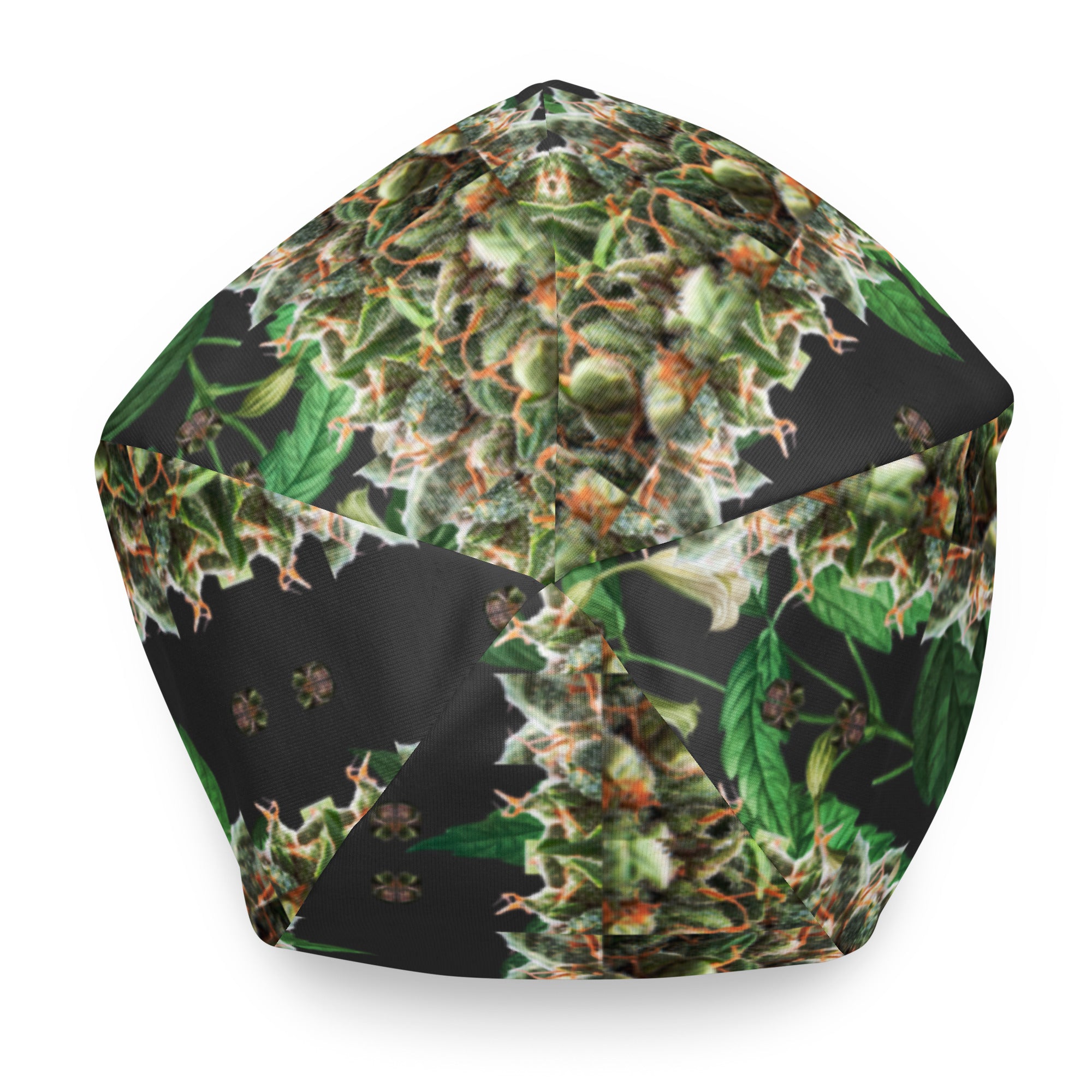White Budhah Beanie by BudWear with all-over print, featuring a cozy knit design and brand logo detail.