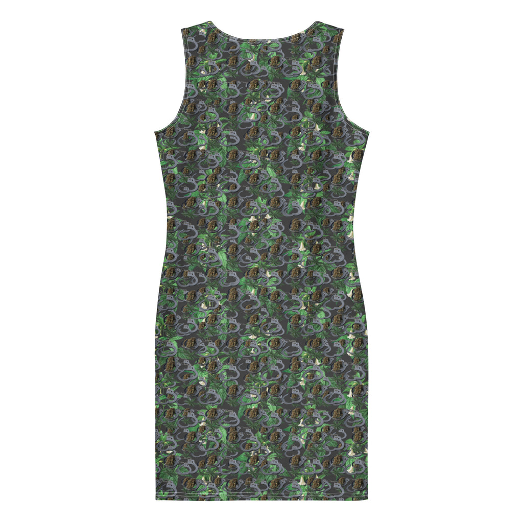 White fitted dress by BudWear featuring black cuffs and a bold all-over print, shown from the back.