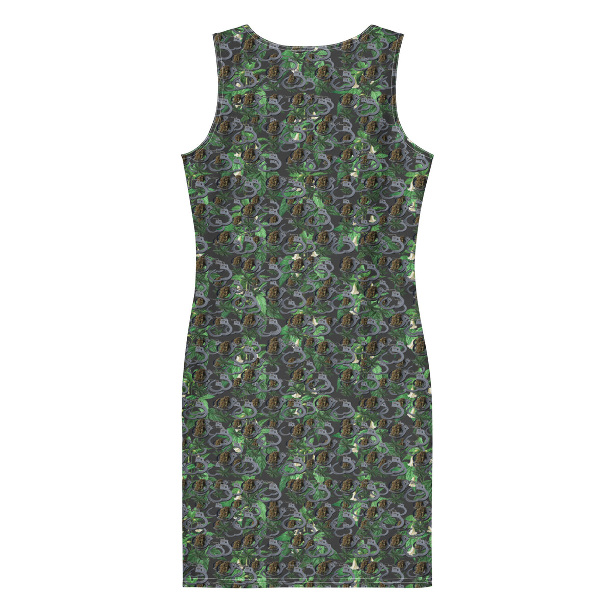White Cannabis Print Bodycon Dress by BudWear, showing the all-over cannabis leaf design on the back.
