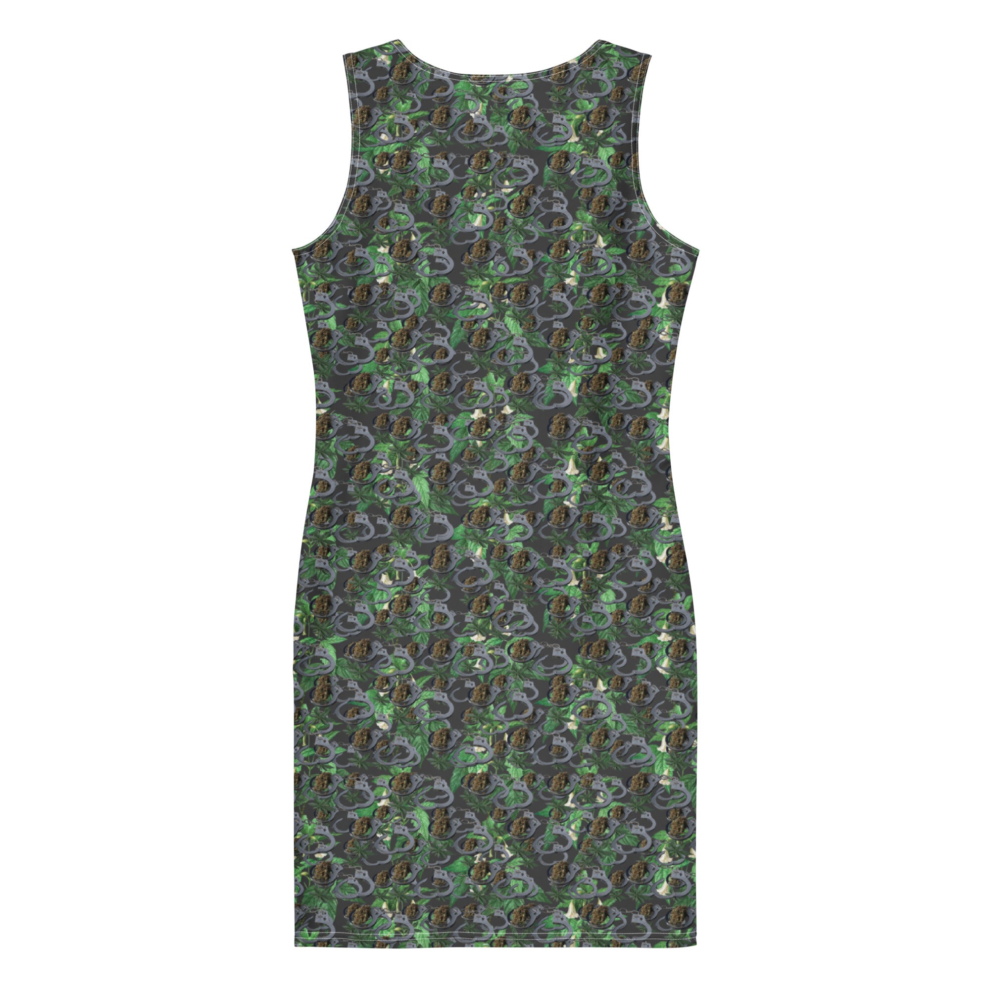 White fitted dress by BudWear featuring black cuffs and a bold all-over print, shown from the back.