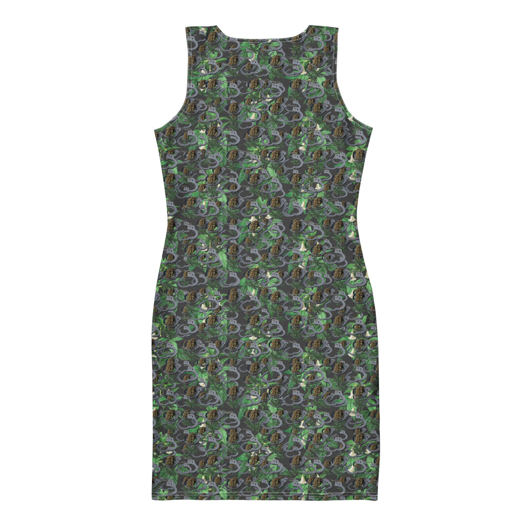 Black Cuffs n Bud fitted bodycon dress by BudWear, featuring all-over white print and sleek, form-fitting design.