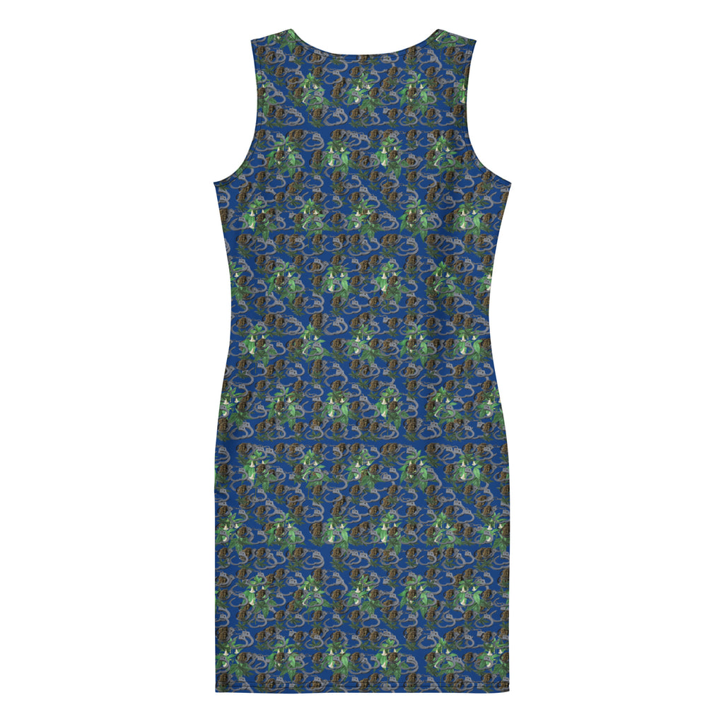 Blue-Bud Bodycon Dress by BudWear featuring all-over print, fitted silhouette, and white back design.