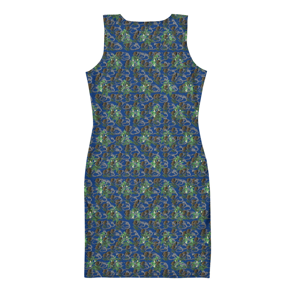 Blue-Bud Bodycon Dress by BudWear featuring all-over white print, form-fitting style, and long sleeves.