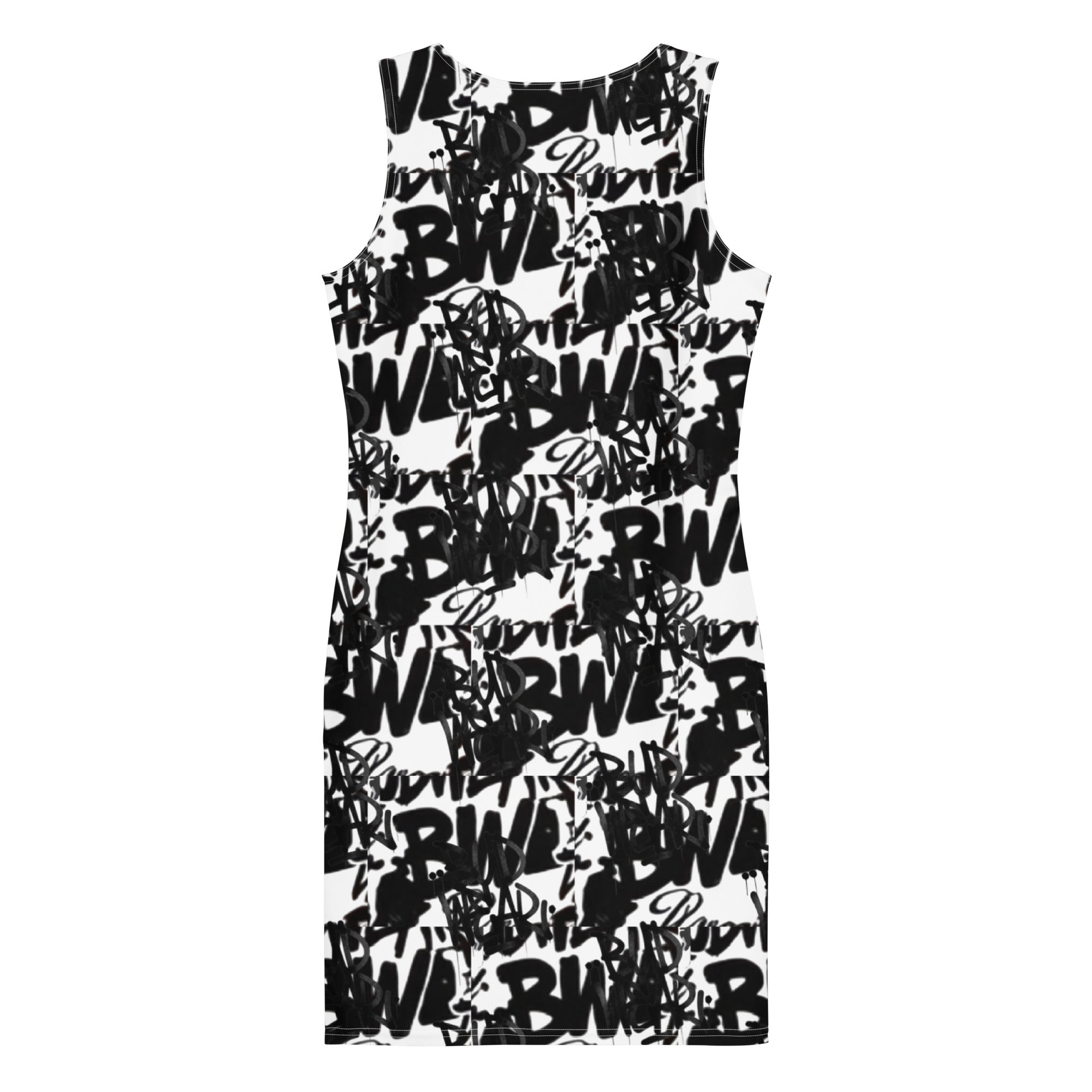 BudWear Signature Ladies Dress, white all-over-print bodycon cut-sew with fitted design, front view showing stylish pattern.
