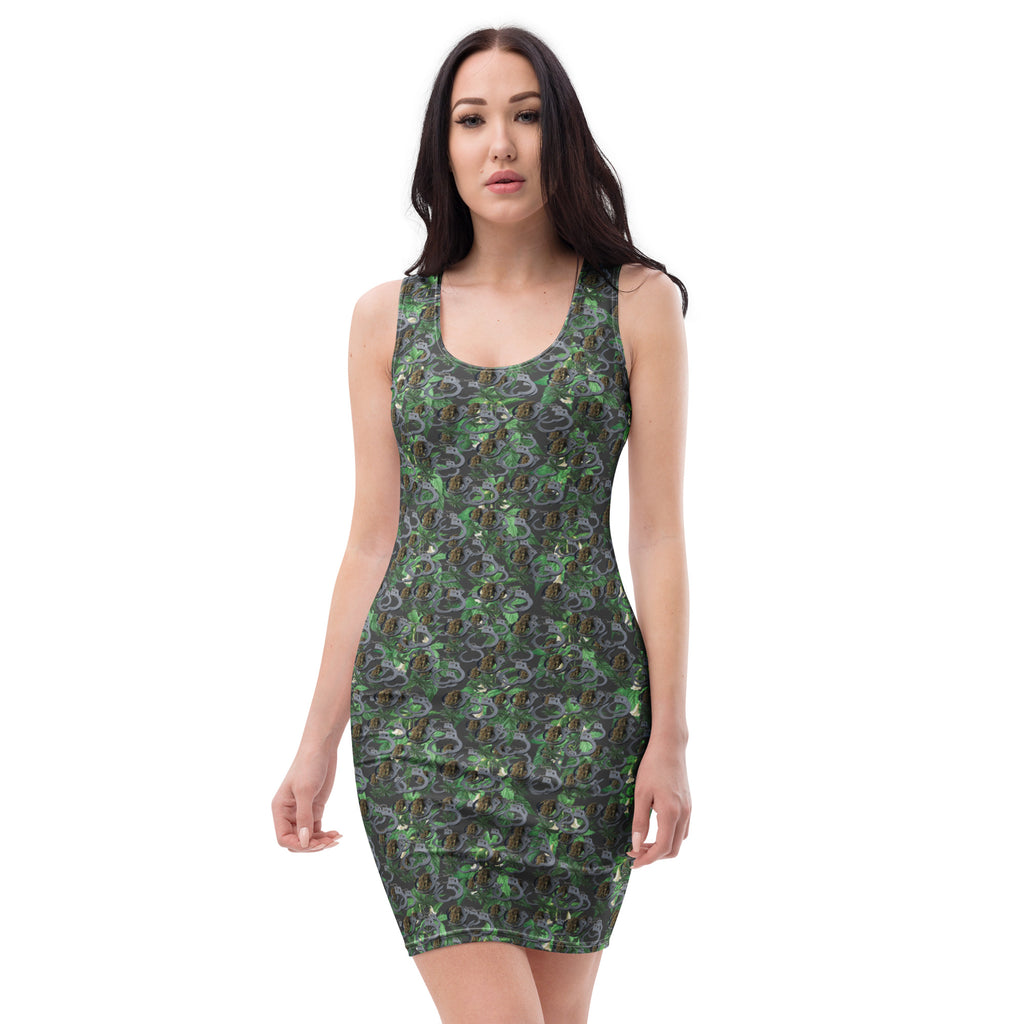 Black Cuffs n Bud Fitted Dress by BudWear featuring an all-over white print and bodycon silhouette.
