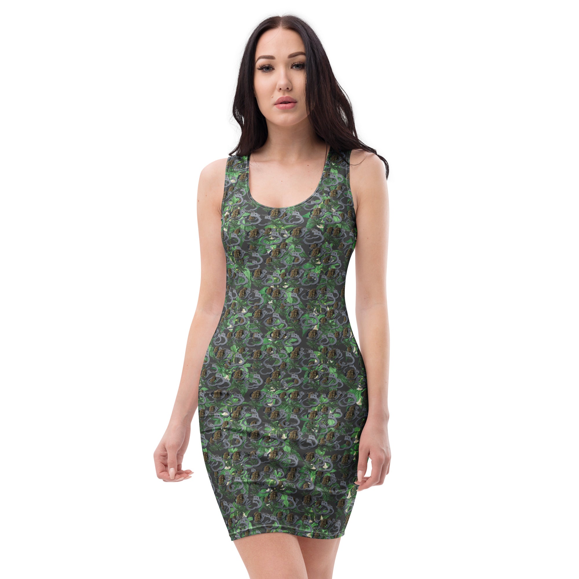 Black Cuffs n Bud Fitted Dress by BudWear featuring an all-over white print and bodycon silhouette.