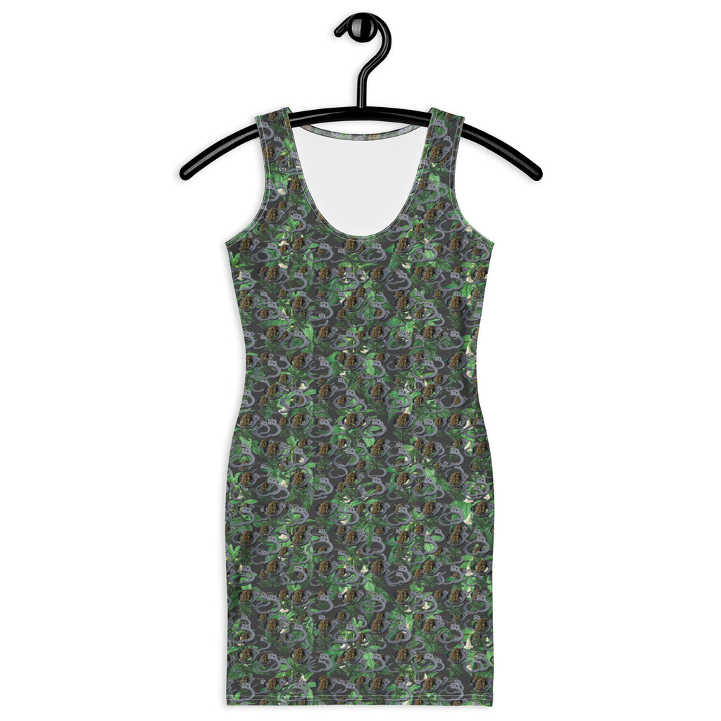White fitted dress by BudWear featuring black cuff accents and an all-over print, shown from the front.