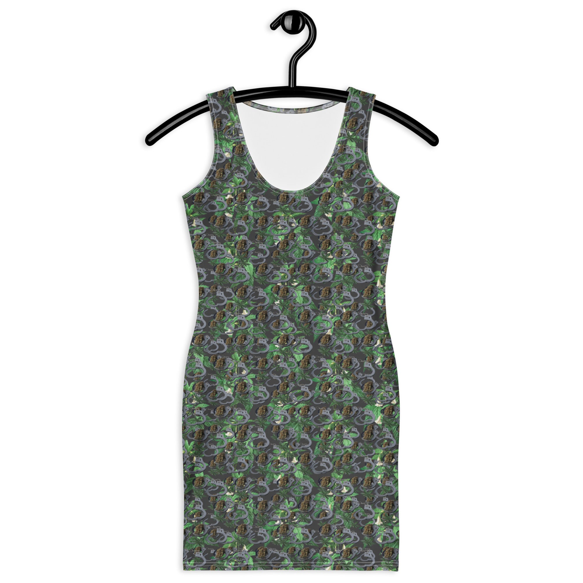 White fitted dress by BudWear featuring black cuff accents and an all-over print, shown from the front.